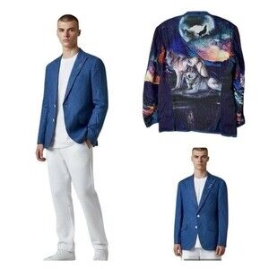 BESPOKE Christian Roche Blazer Jacket Wolf Print Lined 42R Blue Custom Tailored